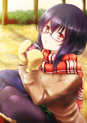 Rule 34 | 1girl, arumacchi, autumn leaves, bag, boots, bow, bush, can, checkered clothes, checkered scarf, coat, drink can, fur boots, glasses, gloves, green skirt, highres, knee boots, light smile, long sleeves, looking at viewer, original, outdoors, pantyhose, plaid, plaid scarf, purple hair, red-framed eyewear, red eyes, scarf, school bag, semi-rimless eyewear, short hair, sitting, skirt, soda can, solo, tree, under-rim eyewear, winter clothes