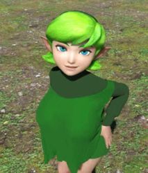 Rule 34 | 10s, 1girl, 3d, animated, animated gif, belt, blue eyes, breasts, changing clothes, cleavage, clothes lift, cropped, female focus, green belt, green hair, green shirt, green shorts, green tank top, hands on own hips, large breasts, long sleeves, looking at viewer, lowres, nintendo, nipples, no bra, outdoors, pointy ears, rochestedorm, saria (zelda), shirt, shirt lift, short hair, shorts, sleeveless, smirk, solo, source filmmaker (medium), standing, swaying, tank top, the legend of zelda, the legend of zelda: ocarina of time, third-party edit, topless, uncensored