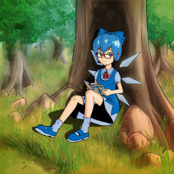 Rule 34 | against tree, bespectacled, blue hair, book, cirno, day, embodiment of scarlet devil, forest, glasses, grass, nature, non-web source, open book, outdoors, reading, ribbon, short hair, solo, touhou, tree, wings