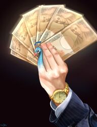 Rule 34 | banknote, bird, black background, commentary, fingernails, highres, holding, holding money, long sleeves, money, original, out of frame, peacock, signature, simple background, utsusemi rari, watch, wristwatch, yen