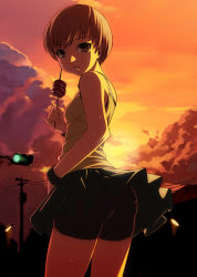 Rule 34 | 1girl, ass, atlus, bike shorts, bike shorts under skirt, brown eyes, brown hair, clothes lift, cloud, food, from behind, kebab, lamppost, leaning forward, looking at viewer, looking back, meat, pantylines, parted lips, persona, persona 4, power lines, satonaka chie, short hair, shorts, shorts under skirt, skirt, skirt lift, sky, solo, sunset, sweat, tasaka shinnosuke, traffic light, twilight, utility pole, wind, wind lift, wristband