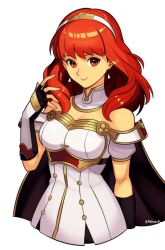 Rule 34 | 1girl, arm guards, armor, armored boots, bare shoulders, boots, breasts, cape, celica (fire emblem), earrings, fingerless gloves, fire emblem, fire emblem echoes: shadows of valentia, gloves, hairband, highres, jewelry, long hair, looking at viewer, nintendo, red eyes, red hair, simple background, smgold, smile, solo, tiara, white armor