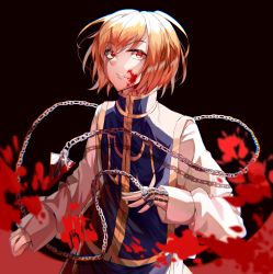 Rule 34 | 1boy, blonde hair, blood, blood on face, bloody weapon, chain, clothing request, commentary, dark background, hair between eyes, highres, hunter x hunter, jewelry, kanniiepan, kurapika, long sleeves, male focus, red eyes, ring, short hair, solo, weapon