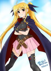 Rule 34 | 1girl, blonde hair, cape, dated, diesel-turbo, fate testarossa, gloves, highres, lyrical nanoha, mahou shoujo lyrical nanoha, red eyes, smile, solo, twintails