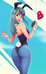 Rule 34 | 1girl, ass, bare back, blue eyes, blue hair, breasts, bulma, cleavage, dragon ball, dragon ball (classic), from behind, grin, highres, legs, leotard, long hair, looking at viewer, medium breasts, panties, rabbit ears, rabbit tail, sidelocks, smile, solo, standing, thighs, underwear