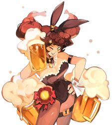 Rule 34 | 1girl, absurdres, alcohol, animal ears, arm strap, bare arms, beer, beer mug, black bow, black bowtie, black leotard, blush, bow, bowtie, braid, breasts, brown hair, bunny bunny (reverse:1999), cleavage, commentary, cup, detached collar, english commentary, fake animal ears, firebay, green eyes, hand on own hip, highres, large breasts, leotard, long hair, looking at viewer, mug, one eye closed, open mouth, playboy bunny, rabbit ears, red ribbon, reverse:1999, ribbon, simple background, smile, solo, thigh strap, twin braids, white background, wrist cuffs