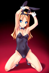 Rule 34 | 1girl, animal ears, armpits, arms up, bare legs, blonde hair, blue eyes, breasts, rabbit ears, playboy bunny, cleavage, detached collar, covered erect nipples, fake animal ears, fingernails, high heels, highres, kneeling, long hair, norizou type-r, original, shoes, smile, solo, wrist cuffs