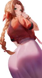 Rule 34 | 1girl, absurdres, aerith gainsborough, ass, back, blush, bracelet, braid, braided ponytail, brown hair, cropped jacket, dress, final fantasy, final fantasy vii, final fantasy vii remake, green eyes, hair ribbon, highres, jacket, jewelry, long hair, looking at viewer, looking back, parted bangs, pink dress, red jacket, ribbon, rororo, short sleeves, smile, solo