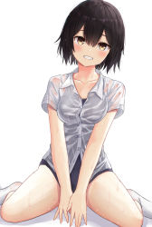 Rule 34 | 1girl, absurdres, akipeko, bad id, bad pixiv id, between legs, black hair, blue one-piece swimsuit, blush, breasts, brown eyes, button gap, collarbone, dress shirt, dripping, feet, grin, hair between eyes, hand between legs, head tilt, highres, looking at viewer, medium breasts, no pants, one-piece swimsuit, original, partially unbuttoned, school swimsuit, see-through, shirt, short hair, short sleeves, simple background, sitting, smile, socks, solo, spread legs, swimsuit, swimsuit under clothes, taut clothes, taut shirt, v arms, wariza, wet, wet clothes, wet hair, wet shirt