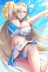 Rule 34 | 1girl, asuna (blue archive), blue archive, blue eyes, blue panties, blue ribbon, blue skirt, blue sky, breasts, cleavage, cloud, cosplay, crop top, detached collar, groin, hair between eyes, hair over one eye, hair ribbon, halo, highres, holding, holding pom poms, huge breasts, ibara azuki, light brown hair, long hair, looking at viewer, millennium cheerleader outfit (blue archive), multicolored clothes, multicolored skirt, navel, open mouth, outdoors, panties, pom pom (cheerleading), pom poms, ribbon, skirt, sky, smile, solo, teeth, underwear, upper teeth only, white skirt