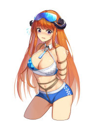 Rule 34 | 1girl, absurdres, arknights, arms behind back, bagpipe (arknights), bare arms, bare shoulders, bdsm, blue archive, blue shorts, blush, bondage, bound, breasts, cleavage, clothes writing, commentary request, commission, copyright name, cosplay, crop top, cropped legs, flying sweatdrops, goggles, goggles on head, highres, horns, large breasts, long hair, looking at viewer, midriff, millennium cheerleader outfit (blue archive), navel, open mouth, orange hair, purple eyes, rope, second-party source, shinebell, short shorts, shorts, simple background, sleeveless, solo, standing, stomach, thighs, very long hair, white background