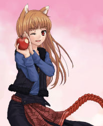 Rule 34 | 00s, 1girl, animal ears, apple, bad id, bad pixiv id, brown hair, dress, food, fruit, holding, holding food, holding fruit, holo, long hair, one eye closed, red eyes, skirt, solo, spice and wolf, tail, wink, wolf ears, wolf tail