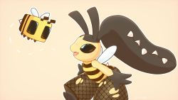 Rule 34 | bare arms, bee, brown eyes, bug, commentary, creatures (company), english commentary, fishnet legwear, fishnets, from side, game freak, gen 3 pokemon, halloween, highres, insect, leotard, mawaifu, mawile, nintendo, open mouth, pokemon, pokemon (creature), smile, striped clothes, striped leotard, tongue, torn clothes, torn legwear, yellow leotard
