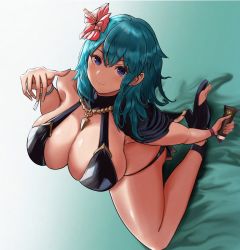 Rule 34 | 1girl, aqua hair, bare legs, bed sheet, bikini, black bikini, black capelet, black footwear, blue background, blue eyes, blue hair, blush, breasts, byleth (female) (fire emblem), byleth (female) (summer) (fire emblem), byleth (fire emblem), capelet, cleavage, closed mouth, commentary, fire emblem, fire emblem: three houses, fire emblem heroes, flower, from above, full body, gradient background, grey background, hair between eyes, hair flower, hair ornament, hibiscus, high heels, highres, jewelry, kneeling, large breasts, light blue hair, long hair, looking at viewer, lotion bottle, medium hair, nintendo, official alternate costume, pendant, sandals, skindentation, smile, solo, swimsuit, thighs, two-tone background, usausanopopo5, wristband