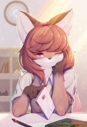 Rule 34 | 1girl, :3, animal ears, animal nose, blurry, blurry background, blush, body fur, book, brown fur, brown hair, brown vest, cellphone, classroom, clock, closed mouth, collared shirt, desk, female focus, fox ears, fox girl, fox tail, furry, furry female, green outline, half-closed eye, hands up, head rest, herbivore high school, highres, hoho (herbivore high school), indoors, jpeg artifacts, korean text, light particles, light rays, looking up, mechanical pencil, medium hair, one eye closed, outline, paper, pawpads, pencil, phone, pink eyes, school uniform, shirt, sitting, smartphone, snout, solo, swept bangs, tail, upper body, vest, white fur, white shirt, whooo-ya