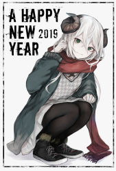 Rule 34 | 1girl, 2019, black footwear, black pantyhose, boots, commentary request, curled horns, fringe trim, full body, fur-trimmed boots, fur trim, green eyes, green jacket, hair between eyes, hand up, happy new year, hasunokaeru, highres, horns, jacket, long hair, long sleeves, looking at viewer, new year, open clothes, open jacket, original, pantyhose, parted lips, pleated skirt, red scarf, scarf, skirt, smile, solo, squatting, very long hair, white hair, white skirt