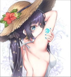 Rule 34 | 1girl, absurdres, alternate costume, arm up, backless swimsuit, bad id, bad pixiv id, bare arms, bare shoulders, black hair, blue eyes, blue nails, blush, breasts, brown hat, casual one-piece swimsuit, flower, from behind, genshin impact, hat, hat flower, hat ornament, hibiscus, highres, long hair, looking at viewer, looking back, mona (genshin impact), nahanmin, nail polish, one-piece swimsuit, red flower, sideboob, solo, straw hat, swimsuit, twintails, upper body, vision (genshin impact), white background, white one-piece swimsuit