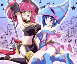 Rule 34 | 2girls, ahoge, armpits, arms up, bare shoulders, between legs, blue eyes, blue footwear, blue hair, breasts, chaya mago, choker, cosplay, dark magician girl (cosplay), detached sleeves, duel monster, evil twin ki-sikil, evil twin lil-la, green eyes, hat, highres, ki-sikil (yu-gi-oh!), kuriboh, large breasts, lil-la (yu-gi-oh!), multiple girls, open mouth, pink hair, ponytail, sevens road witch (cosplay), short hair, sleeveless, staff, thighhighs, witch hat, yu-gi-oh!, yu-gi-oh! sevens