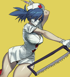 Rule 34 | 1girl, blue hair, bonesaw, breasts, cleavage, covered mouth, gloves, hacksaw, hat, highres, holding, large breasts, looking at viewer, nurse cap, one eye covered, ponytail, ratatatat74, red eyes, saw, simple background, skullgirls, solo, syringe, valentine (skullgirls), white hat, wide hips, yellow background