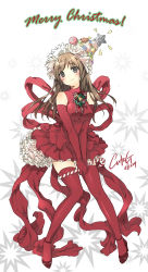 Rule 34 | 1girl, bad id, bad pixiv id, blush, brown hair, candy, candy cane, christmas, christmas ornaments, cuteg, dress, elbow gloves, food, frills, gingerbread man, gloves, hat, highres, holding, holding candy, holding candy cane, holding food, layered dress, legs, long hair, original, red dress, red footwear, red gloves, red thighhighs, santa costume, shoes, sleeveless, sleeveless dress, smile, solo, star (symbol), thighhighs