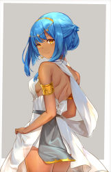 Rule 34 | bare back, bare legs, bare shoulders, blue hair, breasts, dress, gold, gold bracelet, grey background, highres, looking at viewer, looking back, miniskirt, mosta (lo1777789), original, replaceme, see-through, shirt, sideboob, skirt, solo, white shirt, yellow eyes