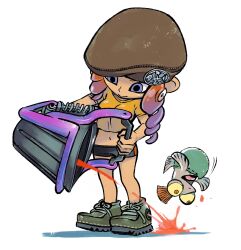 Rule 34 | 1girl, beret, bike shorts, black shorts, blue eyes, breasts, brown headwear, bucket, closed mouth, cropped shirt, drill hair, gradient hair, green footwear, hat, highres, holding, holding bucket, long hair, medium breasts, motion lines, multicolored hair, muramasa mikado, nintendo, octoling, octoling girl, octoling player character, orange hair, purple hair, salmonid, shirt, shoelaces, shoes, short shorts, short sleeves, shorts, simple background, slosher (splatoon), smallfry (splatoon), smile, splatoon (series), standing, suction cups, tentacle hair, two-tone hair, white background, yellow shirt