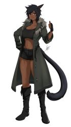Rule 34 | 1girl, airisubaka, animal ears, artist name, warrior of light (ff14), belt, black footwear, black gloves, black hair, black shorts, black sports bra, boots, breasts, cat ears, cat tail, coat, collarbone, commentary, dark-skinned female, dark skin, english commentary, final fantasy, final fantasy xiv, fingerless gloves, full body, fur collar, gloves, grey coat, hand on own hip, highres, knee boots, large breasts, long sleeves, looking at viewer, miqo&#039;te, navel, scar, scar on face, short hair, shorts, signature, simple background, smile, solo, sports bra, tail, thumbs up, tomboy, white background