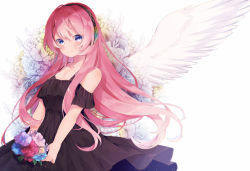 Rule 34 | 1girl, angel wings, black dress, blue eyes, bouquet, breasts, cleavage, dress, feathered wings, film grain, flower, highres, holding, holding bouquet, long hair, megurine luka, nuko 0108, off-shoulder dress, off shoulder, pink hair, smile, solo, vocaloid, white background, white wings, wings