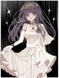 Rule 34 | artist name, black eyes, black hair, blunt bangs, detached collar removed, dress, gloves, gnosia, hairband, han (hn-khk), highres, hime cut, looking at viewer, simple background, smile, solo, straight hair, white background, white dress, white gloves, yuriko (gnosia)