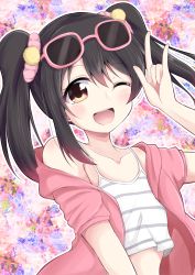 Rule 34 | 10s, 1girl, ;d, black hair, chiro (bocchiropafe), collarbone, crop top, eyewear on head, hair ornament, hair scrunchie, hand up, highres, jacket, looking at viewer, love live!, love live! school idol project, m/, nico nico nii, off shoulder, one eye closed, open mouth, outline, pink-framed eyewear, pink jacket, pink scrunchie, pom pom (clothes), red eyes, scrunchie, short sleeves, smile, solo, striped tank top, sunglasses, tank top, twintails, upper body, white outline, yazawa nico