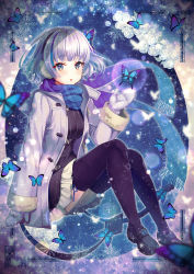 Rule 34 | 1girl, black thighhighs, blue background, blue butterfly, blue scarf, bug, butterfly, coat, flower, grey hair, insect, long sleeves, looking at viewer, mittens, multicolored hair, scarf, short hair, sitting, snow, snowflakes, snowing, streaked hair, thighhighs, vesper (pixiv3568), white butterfly, white hair