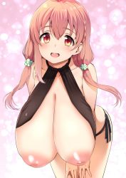 Rule 34 | 10s, 1girl, :d, areola slip, bent over, black one-piece swimsuit, blush, braid, breasts, cleavage, flower, french braid, gradient background, hair between eyes, hair flower, hair ornament, halterneck, hands on own thighs, hanging breasts, hinako note, huge breasts, inverted nipples, leaning forward, long hair, looking at viewer, low twintails, one-piece swimsuit, open mouth, orange eyes, pink hair, sakuragi hinako, santa (sunflower), side-tie swimsuit, side braid, smile, solo, standing, swimsuit, third-party edit, twintails