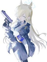 Rule 34 | 1girl, animal ear fluff, animal ears, black gloves, black jacket, black necktie, black pantyhose, black skirt, blonde hair, blue archive, blue eyes, blue halo, blue shirt, closed mouth, collared shirt, cowboy shot, gloves, gun, hair over one eye, halo, highres, holding, holding gun, holding weapon, jacket, kanna (blue archive), late 02, long hair, long sleeves, looking at viewer, necktie, open clothes, open jacket, pantyhose, shirt, simple background, skirt, solo, weapon, white background