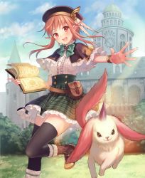 Rule 34 | 10s, 1girl, :d, absurdres, beret, black thighhighs, book, building, day, elf, fukahire (ruinon), grass, green skirt, grimoire, hat, highres, horns, light rays, monster, open mouth, orange hair, outdoors, outstretched arm, plaid, plaid skirt, pointy ears, red eyes, ruinon, shingeki no bahamut, short hair, single horn, skirt, smile, solo, thighhighs, underbust, zettai ryouiki