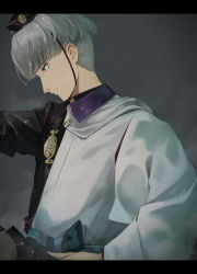 Rule 34 | 1boy, bowl cut, fate/grand order, fate (series), grey background, grey hair, hat, highres, japanese clothes, letterboxed, male focus, mori yashiro (konkon oyashiro), parted lips, profile, rain, simple background, solo, watanabe no tsuna (fate), water drop