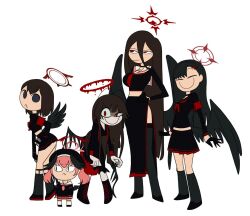Rule 34 | &lt;|&gt; &lt;|&gt;, 5girls, :&lt;, :/, abekawa, armband, asymmetrical bangs, beret, black choker, black eyes, black gloves, black hair, black headwear, black serafuku, black shirt, black skirt, black socks, black thighhighs, black wings, blood, blood on clothes, blue archive, boots, breasts, brown hair, c:, choker, closed eyes, closed mouth, commentary request, cropped shirt, feathered wings, fingerless gloves, flat color, full body, gloves, hair between eyes, half gloves, halo, hand on own hip, hasumi (blue archive), hat, head wings, height difference, ichika (blue archive), justice task force (blue archive), knee boots, kneehighs, koharu (blue archive), large breasts, leaning forward, legwear garter, long hair, long skirt, long sleeves, looking to the side, low wings, mashiro (blue archive), midriff, miniskirt, mole, mole under eye, multiple girls, narrow waist, neckerchief, nervous, no pupils, off shoulder, pale skin, pink hair, pink neckerchief, pleated skirt, red armband, red eyes, red halo, red neckerchief, school uniform, serafuku, shaded face, shirt, short hair, side slit, simple background, skirt, smile, socks, standing, tall female, thighhighs, tsurugi (blue archive), twintails, uneven eyes, very long hair, wavy mouth, white background, white socks, wings