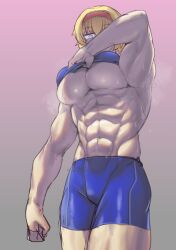 Rule 34 | 1girl, abs, alice margatroid, armpits, bike shorts, blonde hair, blue eyes, blue shorts, blue sports bra, breasts, clenched hand, clothes lift, commentary request, cookie (touhou), cowboy shot, gradient background, grey background, hair between eyes, hairband, huge breasts, jigoku no soko de coffee wo nomu neko, lifting own clothes, looking at viewer, muscular, muscular female, navel, pink background, red hairband, sakuranbou (cookie), short hair, shorts, solo, sports bra, sports bra lift, sweat, touhou, underboob