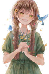 Rule 34 | 1girl, :d, animal, animal on shoulder, bird, bird on shoulder, blue bird, blue flower, blunt bangs, bouquet, brown hair, daisy, dress, eyelashes, fingernails, flat chest, floral print, flower, ginniroya, green dress, green eyes, hair behind ear, hair flower, hair ornament, half-closed eyes, happy, highres, holding, holding bouquet, hummingbird, leaf, light blush, looking at animal, open mouth, original, petals, pink flower, plant, puffy short sleeves, puffy sleeves, short sleeves, sideways glance, simple background, smile, solo, twintails, vines, white background, white flower, yellow flower