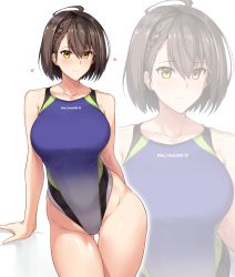 Rule 34 | 1girl, ahoge, azur lane, baltimore (azur lane), bare shoulders, blue one-piece swimsuit, blush, braid, breasts, brown hair, collarbone, competition swimsuit, hair between eyes, halcon, heart, highleg, highleg swimsuit, highres, large breasts, looking at viewer, one-piece swimsuit, short hair, side braid, simple background, smile, solo, swimsuit, thighs, white background, yellow eyes
