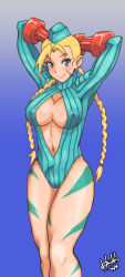 Rule 34 | 1990s (style), 1girl, antenna hair, arms behind head, arms up, blue eyes, blue leotard, bodypaint, braid, breasts, cammy white, camouflage, capcom, center opening, cleavage, covered erect nipples, garrison cap, hat, highres, hori shin, large breasts, leotard, long hair, no bra, retro artstyle, ribbed leotard, scar, shoulder pads, smile, solo, standing, street fighter, street fighter zero (series), turtleneck, twin braids