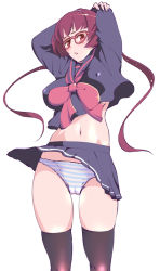 Rule 34 | 1girl, arms up, black thighhighs, breasts, character request, covered erect nipples, glass, glasses, long hair, looking at viewer, medium breasts, midriff, navel, open mouth, panties, pantyshot, red-framed eyewear, red eyes, red hair, school uniform, skirt, solo, striped clothes, striped panties, thighhighs, touge hiro, underwear, upskirt