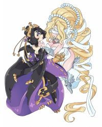 Rule 34 | 2girls, absurdly long hair, armor, belt, blindfold, blonde hair, boots, breasts, cleavage, covered eyes, digimon, jewelry, large breasts, lilithmon, long hair, makeup, multiple girls, necklace, o-ring, venusmon, very long hair, wings, yuri