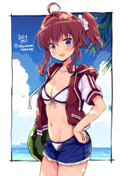 Rule 34 | 1girl, :d, ahoge, alternate costume, arashi (kancolle), blue shorts, blush, breasts, cleavage, collarbone, cowboy shot, dated, denim, denim shorts, food, fruit, groin, hair between eyes, kantai collection, looking at viewer, medium breasts, navel, odawara hakone, one-hour drawing challenge, open mouth, purple eyes, red hair, scrunchie, short hair, short sleeves, shorts, smile, solo, standing, twitter username, watermelon, white scrunchie