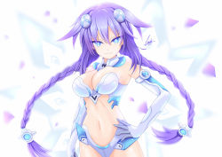 Rule 34 | 1girl, armor, bare shoulders, bikini armor, blue eyes, braid, breasts, cleavage, cundodeviant, detached collar, elbow gloves, gloves, hair ornament, highres, large breasts, long hair, looking at viewer, midriff, navel, neptune (series), purple hair, purple heart (neptunia), sidelocks, signature, smile, solo, twin braids, white gloves