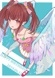 Rule 34 | 1girl, absurdres, aqua background, bare shoulders, blush, breasts, brown hair, collarbone, commentary request, dated, dress, falling feathers, feathered wings, feathers, hair intakes, happy birthday, highres, idolmaster, idolmaster cinderella girls, komugipan, looking at viewer, ogata chieri, patterned background, pink dress, red footwear, sidelocks, sleeveless, sleeveless dress, small breasts, smile, solo, transparent wings, twintails, wings