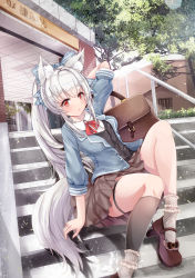 Rule 34 | 1girl, animal ears, arm up, black socks, black vest, blue jacket, blush, bow, breasts, briefcase, brown footwear, brown skirt, building, closed mouth, collared shirt, day, feet out of frame, highres, jacket, kneehighs, long hair, looking at viewer, mary janes, mutang, open clothes, open jacket, original, outdoors, pleated skirt, ponytail, puffy short sleeves, puffy sleeves, railing, red bow, red eyes, school briefcase, school uniform, shirt, shoes, short sleeves, silver hair, single kneehigh, single sock, sitting, sitting on stairs, skirt, small breasts, socks, solo, stairs, stone stairs, tail, tree, very long hair, vest, white shirt, white socks, wolf ears, wolf girl, wolf tail