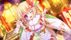 Rule 34 | 1girl, ;d, architecture, blonde hair, box, braid, donation box, dot nose, dutch angle, east asian architecture, film grain, floral print, floral print kimono, flower, furisode, game cg, hair flower, hair ornament, hands up, hasegawa mii, holding, izumi tsubasu, japanese clothes, kimono, lens flare, looking at viewer, low twin braids, new year, night, non-web source, obi, official art, omikuji, one eye closed, open mouth, outdoors, plant, potted plant, print kimono, purple eyes, re:stage!, red flower, rope, sash, short hair, smile, solo, sparkle, sparkling eyes, stairs, stone walkway, translated, twin braids, v, w, white kimono