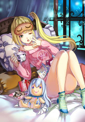 Rule 34 | 1girl, :o, arthur (techno smith), bare shoulders, bed, blonde hair, book, breasts, chushengdao, cup, curtains, doll, green eyes, highres, indoors, kaku-san-sei million arthur, knees together feet apart, legs, long sleeves, looking at viewer, lying, magazine (object), milk, million arthur (series), off shoulder, on bed, one eye closed, open mouth, pillow, reafe (million arthur), scrunchie, shirt, side ponytail, sleep mask, sleepwear, socks, striped clothes, striped legwear, striped shirt, striped socks, vertical stripes, window, yawning
