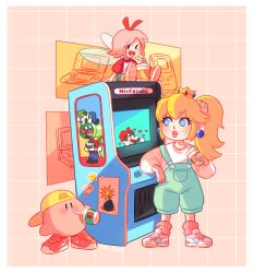 Rule 34 | 1boy, 2girls, absurdres, alternate costume, arcade cabinet, arm rest, baseball cap, blonde hair, blue eyes, bob-omb, casual, character request, closed eyes, closed mouth, company name, contemporary, crown, cup, drinking, drinking straw, facial hair, fairy wings, full body, game boy, game boy (original), game boy advance sp, hand up, handheld game console, hat, heart, highres, holding, holding cup, kirby, kirby (series), long sleeves, looking at another, luigi, mario, mario (series), mario bros., mini person, miniboy, multiple girls, mustache, nintendo, nintendo ds, overalls, pink hair, ponytail, poster (object), princess peach, ribbon (kirby), riu-sen, shoes, shorts, sitting, smile, sneakers, standing, sweater, teeth, upper teeth only, wings