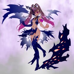 Rule 34 | adapted costume, amano nene (digimon xros wars), bare shoulders, breasts, brown hair, commission, corruption, dark persona, digimon, digimon xros wars, earrings, extra eyes, fusion, gerusyu, gradient hair, highres, jewelry, living clothes, multicolored hair, navel, no pants, possessed, possession, purple eyes, purple hair, revealing clothes, ringed eyes, shademon, shademon (nene ver.), skeb commission, small breasts, wings